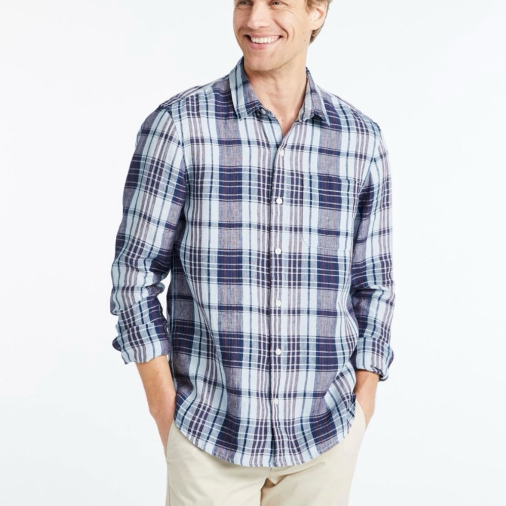 LL Bean Blue Plaid‎ 100% Linen Button Front Shirt XL